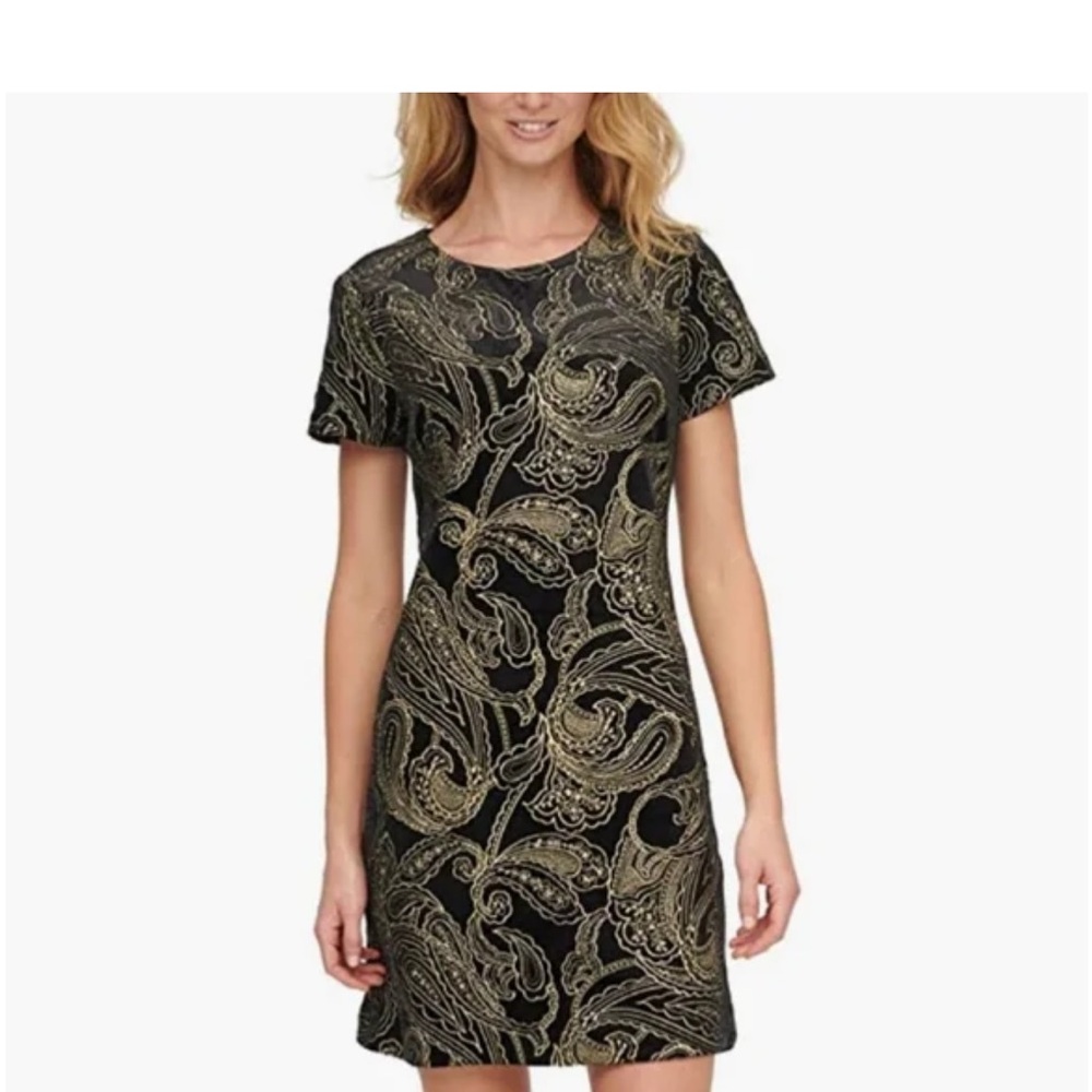Calvin Klein Velvet & Gold Embroidered Sheath Dress